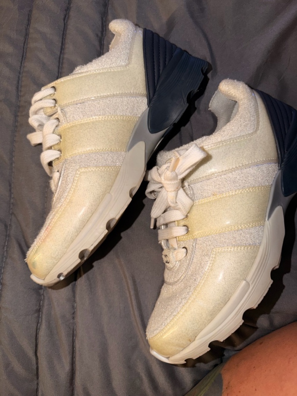 CHANEL Cream and Navy Textured Lace-Up Sneakers